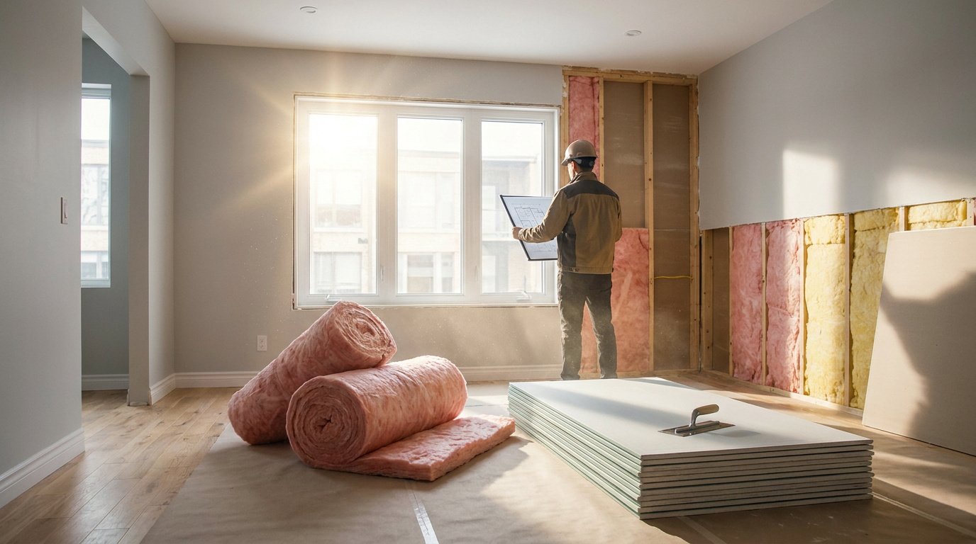 Un entrepreneur en bâtiment avec un casque examine des plans dans un appartement en cours de rénovation avec isolation.