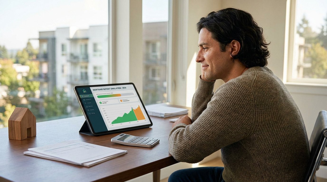 Un homme souriant consulte une simulation de rachat de soulte sur sa tablette devant une fenêtre.