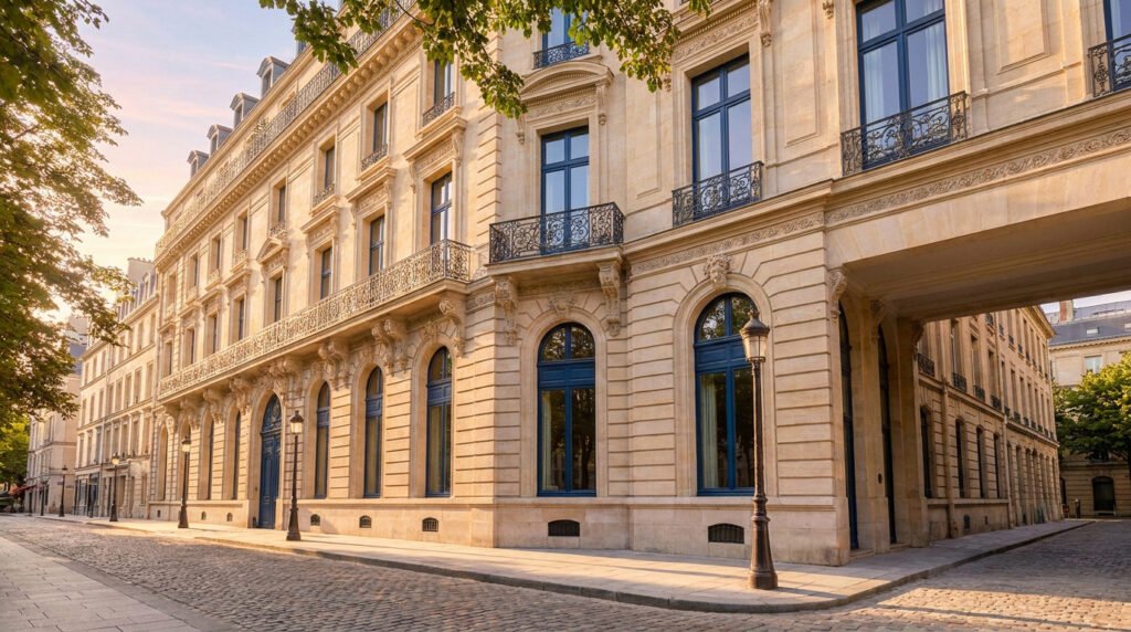 Façade d'un immeuble haussmannien en pierre de taille dans une rue pavée.