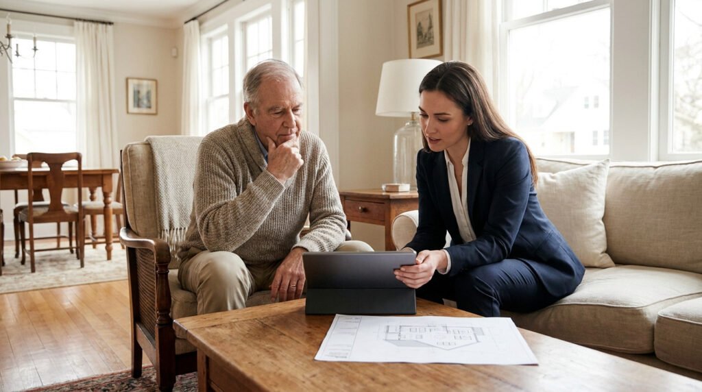 Une conseillère en costume présente un projet immobilier sur tablette à un homme âgé dans un salon.