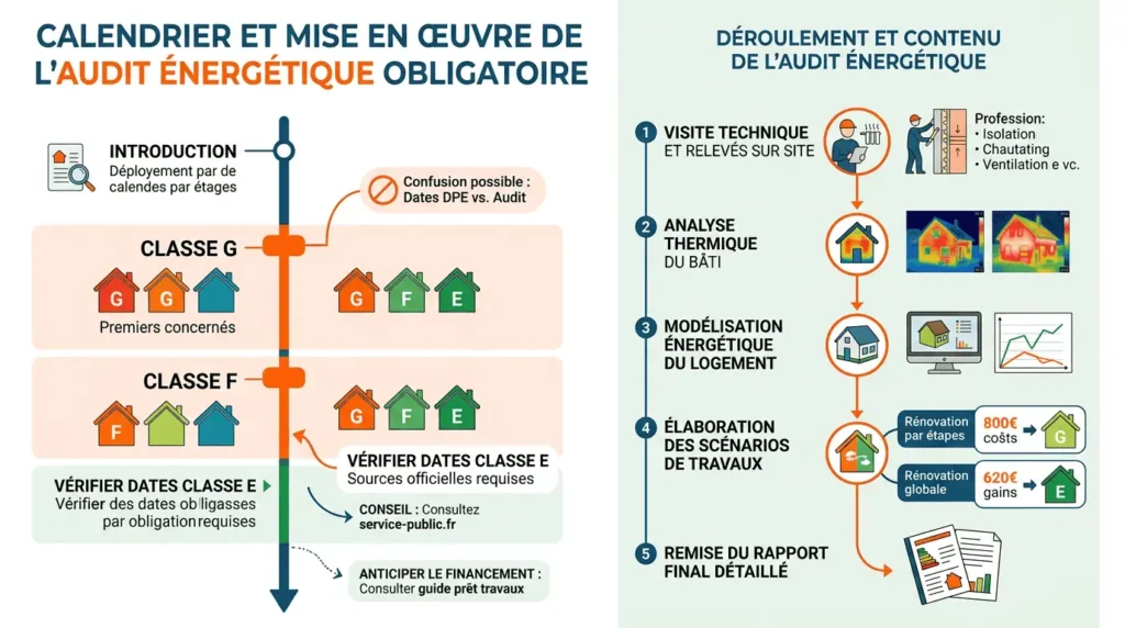 Calendrier d'entrée en vigueur de l'audit énergétique obligatoire par classe DPE
