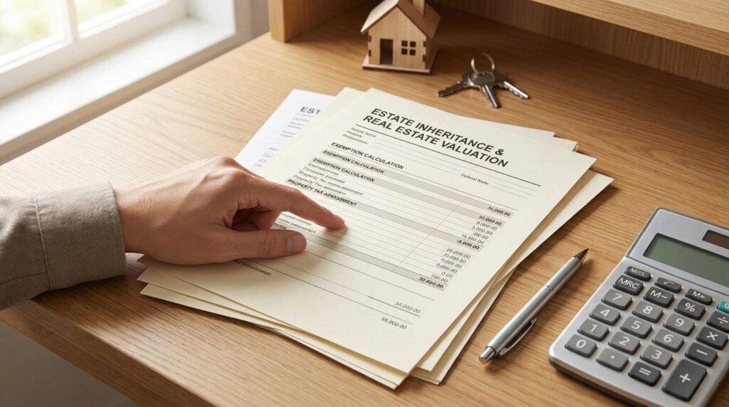Main pointant sur un document d'évaluation immobilière avec une calculatrice, des clés et une miniature de maison en bois.
