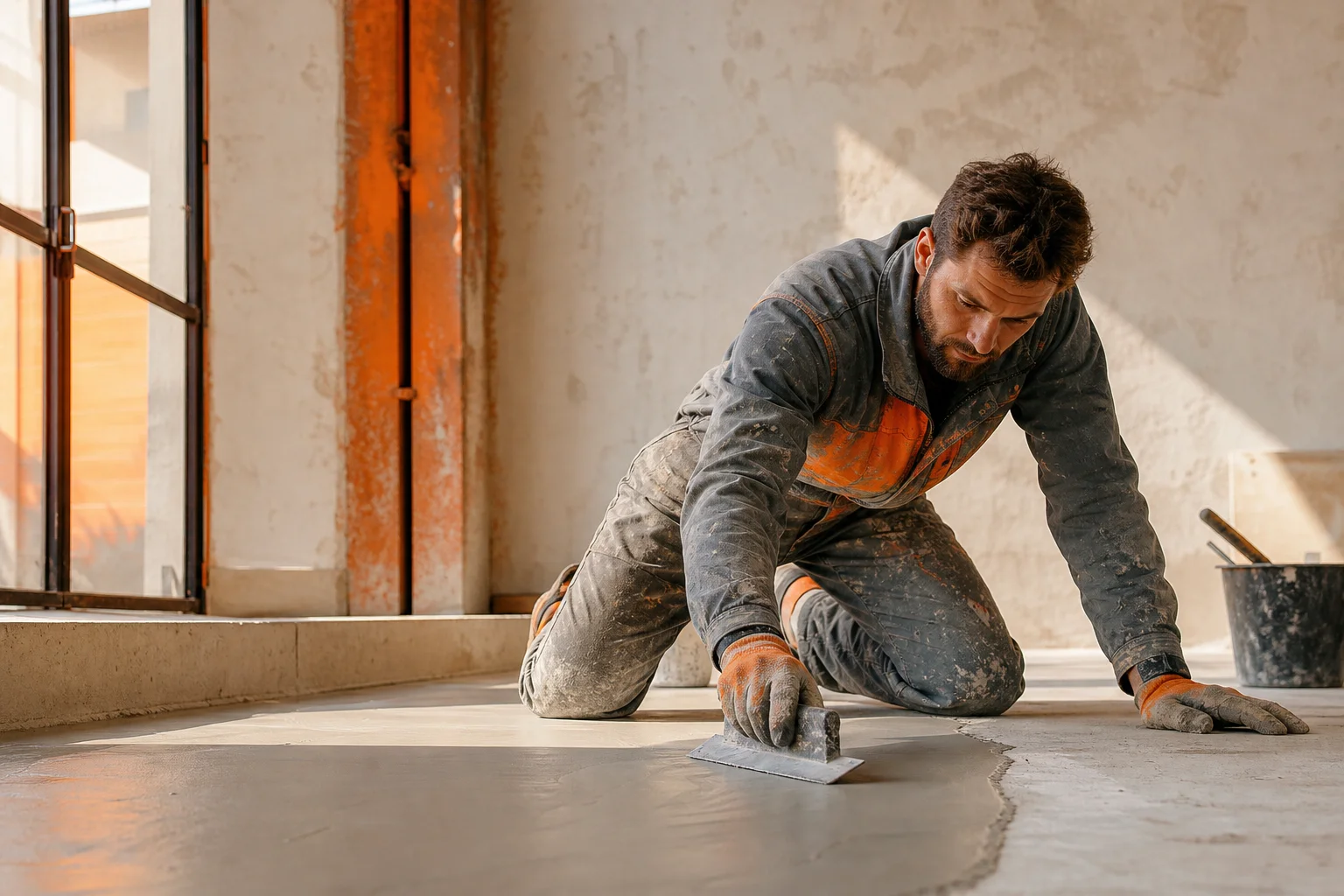 artisan applicateur posant du béton ciré sol au couteau
