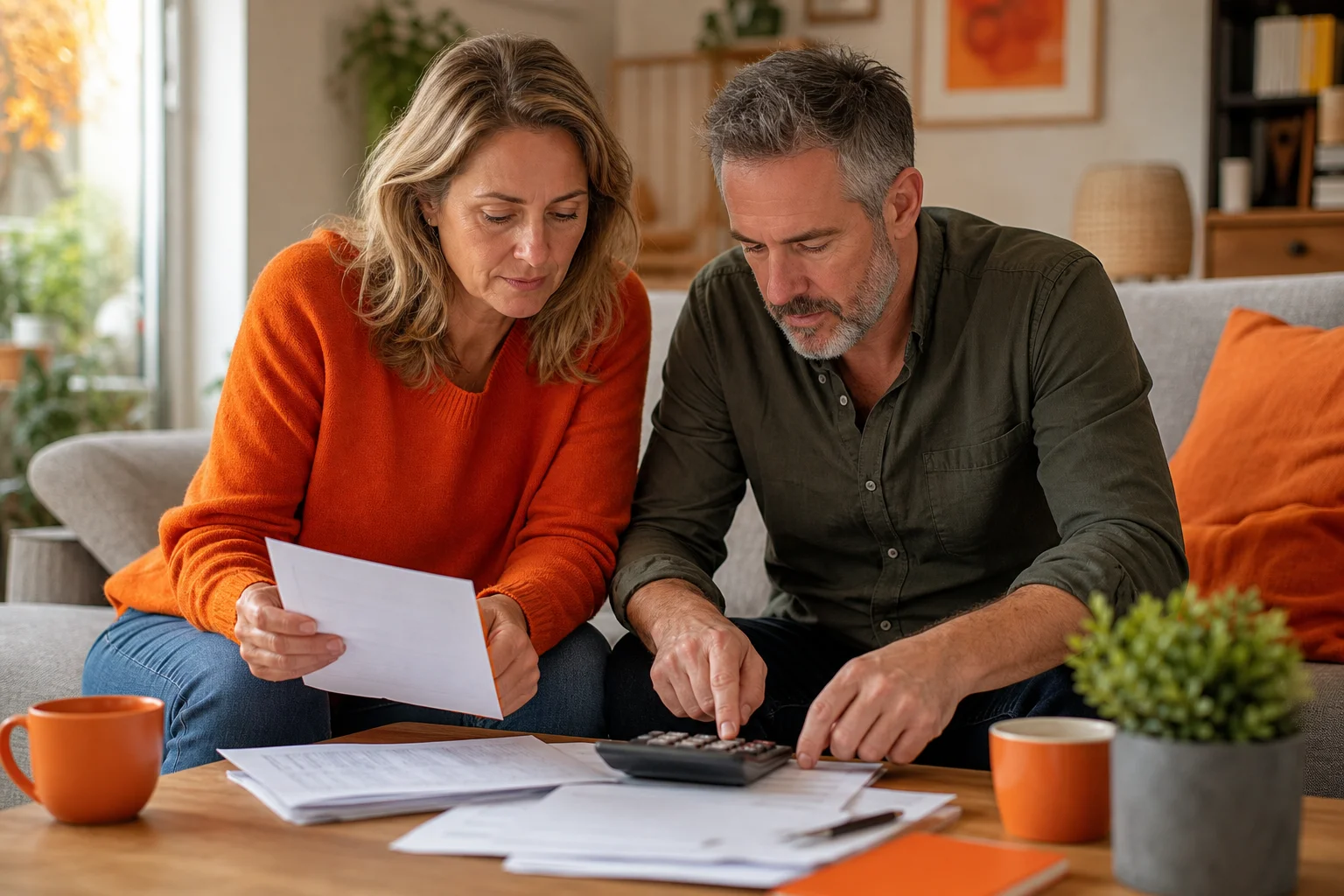Calculer son prêt relais étape par étape Couple effectuant une simulation prêt relais calcul à domicile
