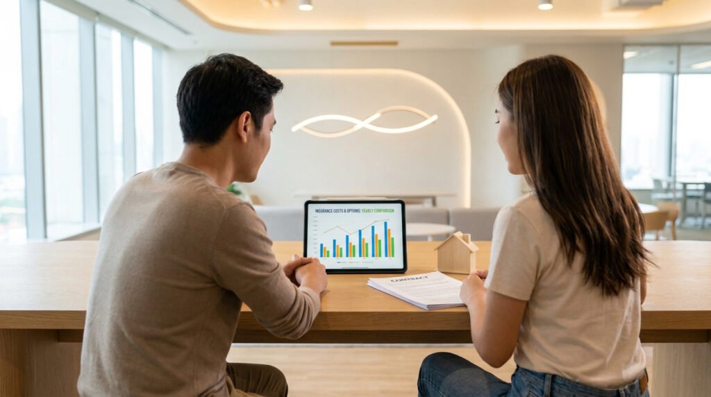 Un couple examine les coûts et options d'assurance sur une tablette dans un bureau moderne.