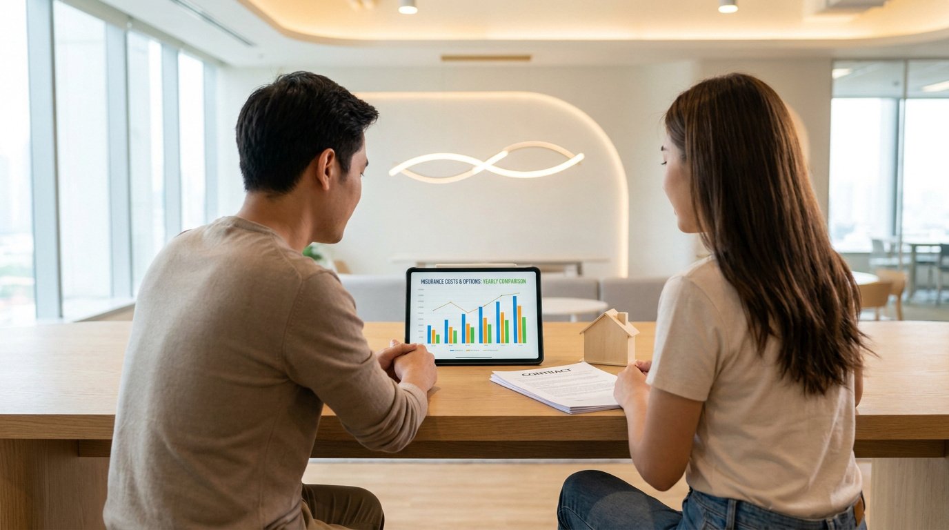 Un couple examine les coûts et options d'assurance sur une tablette dans un bureau moderne.