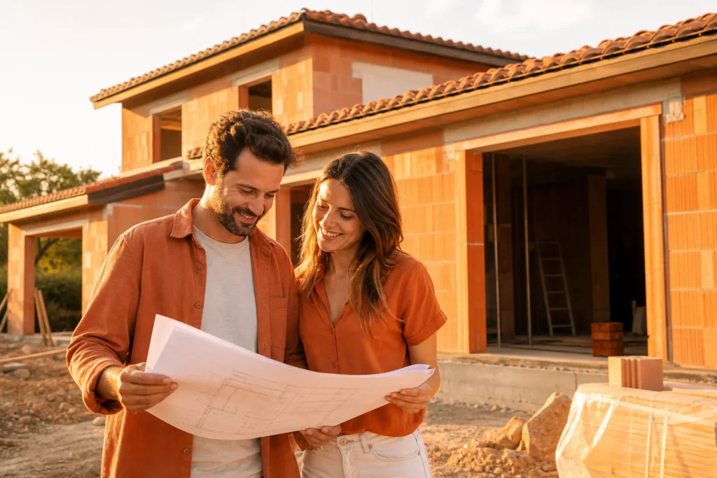 couple consultant les plans pour la taxe d'aménagement maison neuve