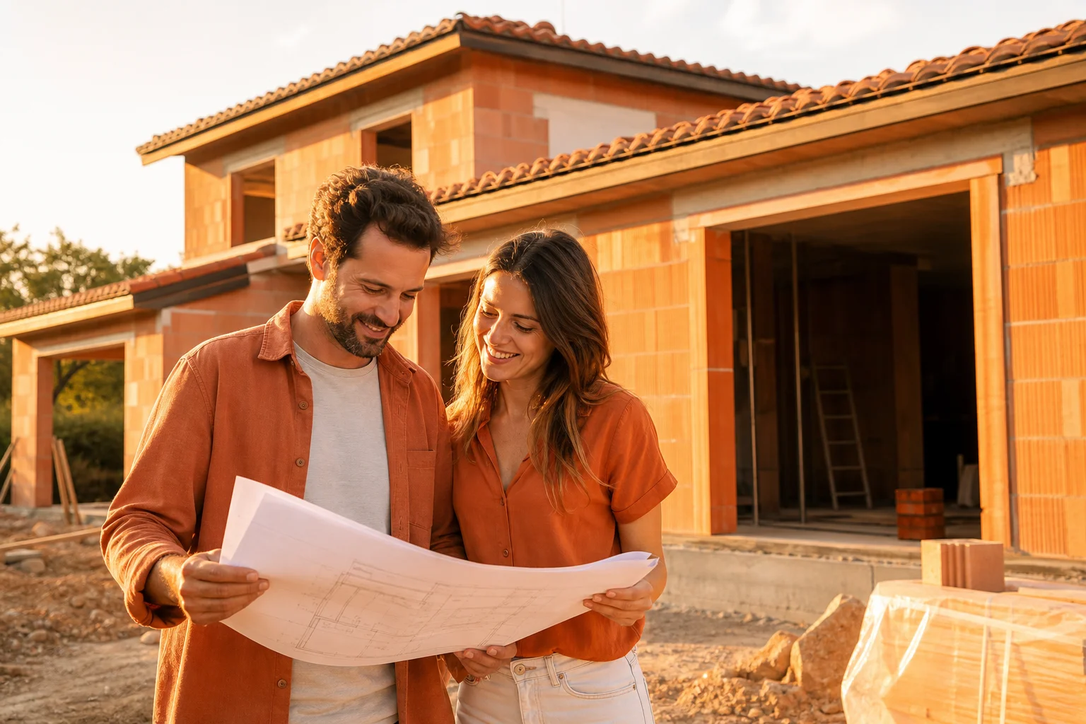 couple consultant les plans pour la taxe d'aménagement maison neuve