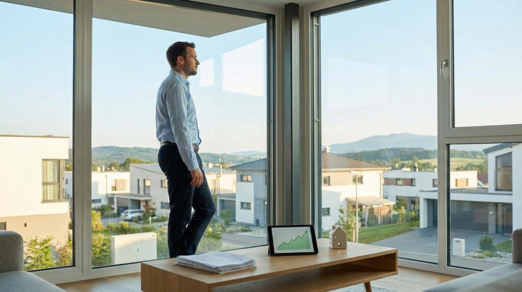 Un homme en chemise regarde par la fenêtre d'une maison moderne, avec une tablette affichant un graphique sur la table.