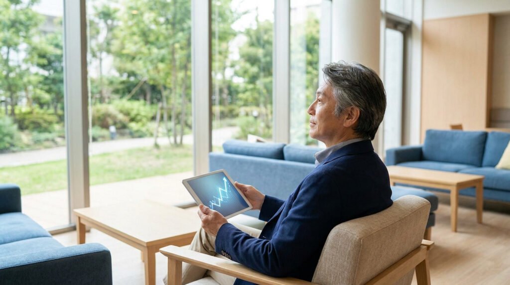 Un homme âgé en costume regarde par la fenêtre tout en tenant une tablette affichant un graphique de croissance.
