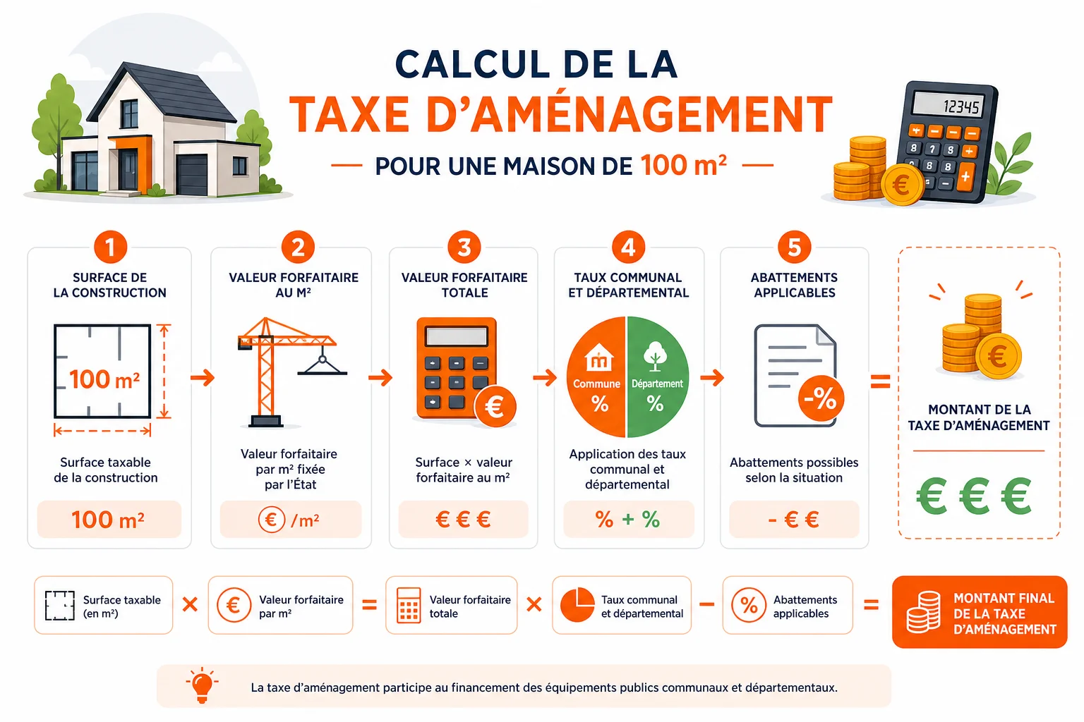 Infographie du calcul de la taxe d'aménagement 2026 calcul de la taxe d'aménagement maison neuve pour 100 m² en 2026