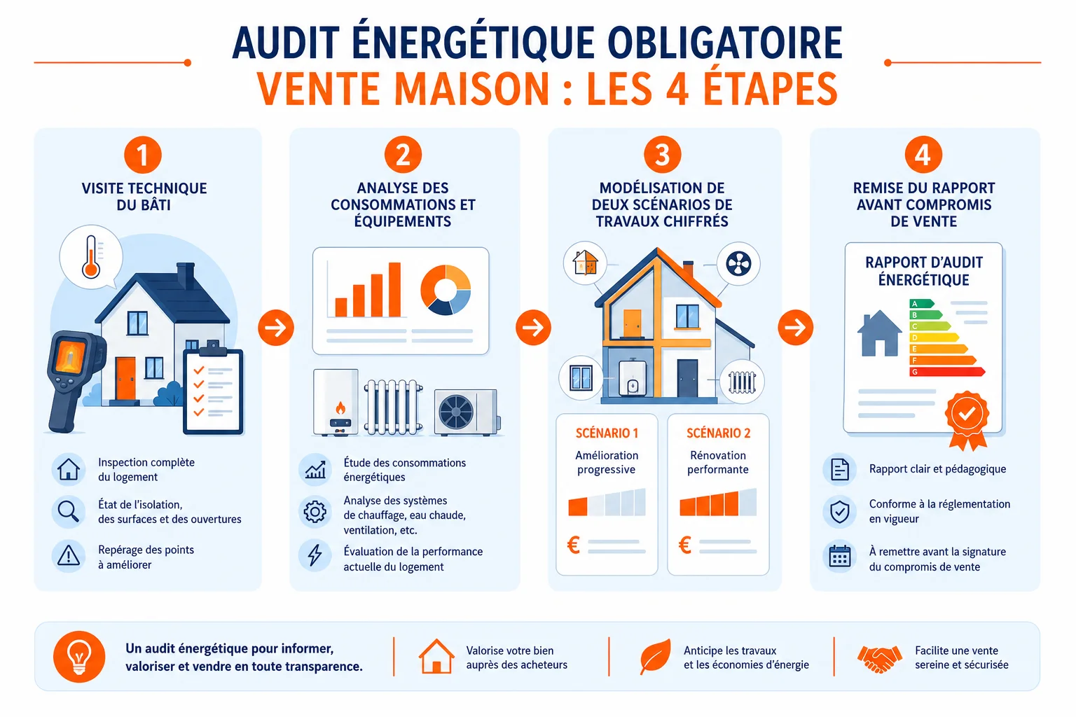 Les 4 étapes de l'audit énergétique obligatoire Étapes de l'audit énergétique obligatoire vente maison en 4 phases