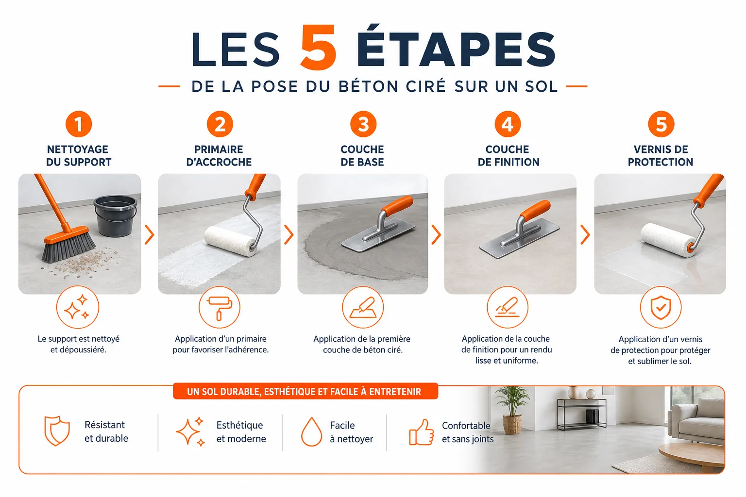 étapes de pose du béton ciré sol expliquées en schéma