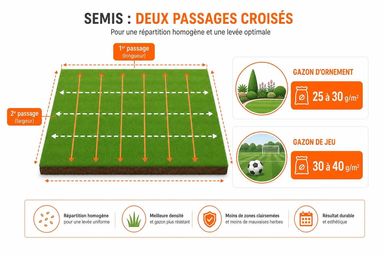 technique du semis croisé pour pelouse semee et dosage au m²
