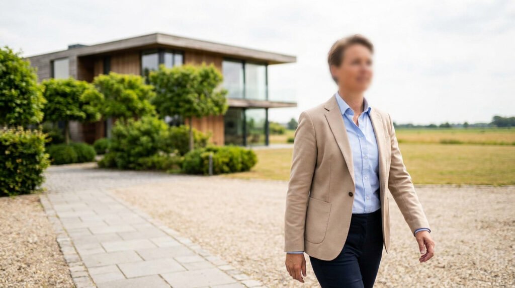 Une personne en tenue professionnelle marchant devant une maison moderne et un jardin paysager.