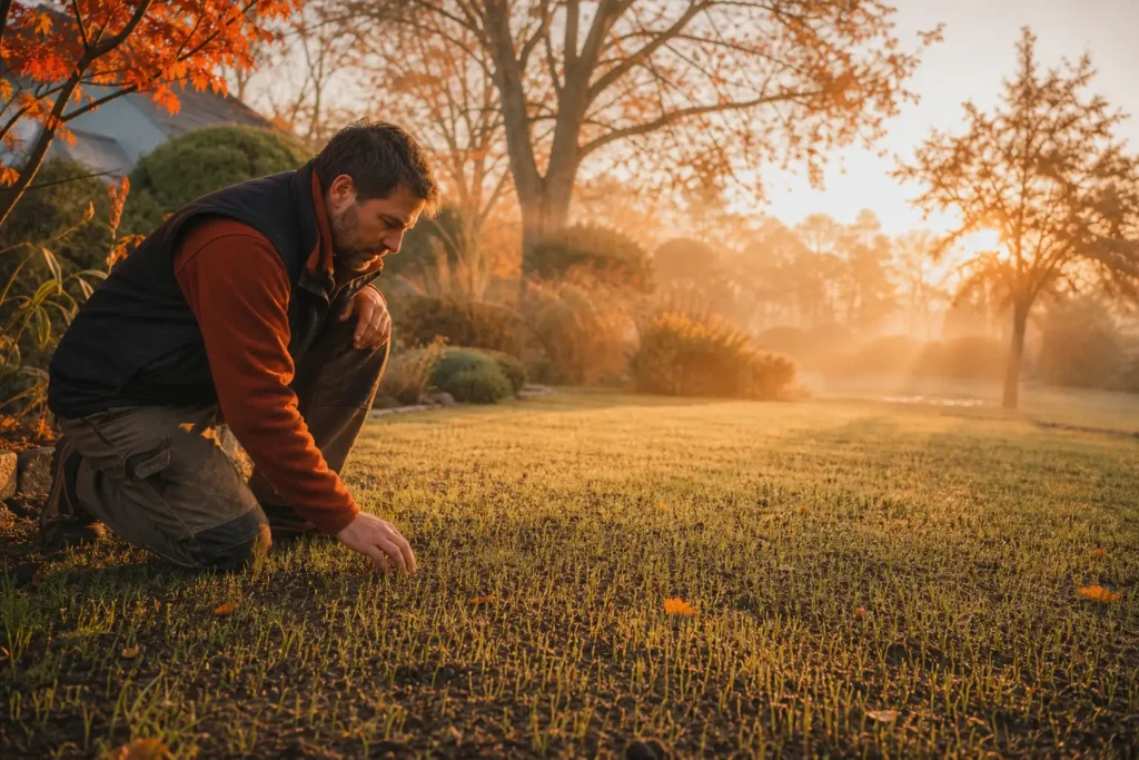 pelouse semee en automne dans un jardin résidentiel