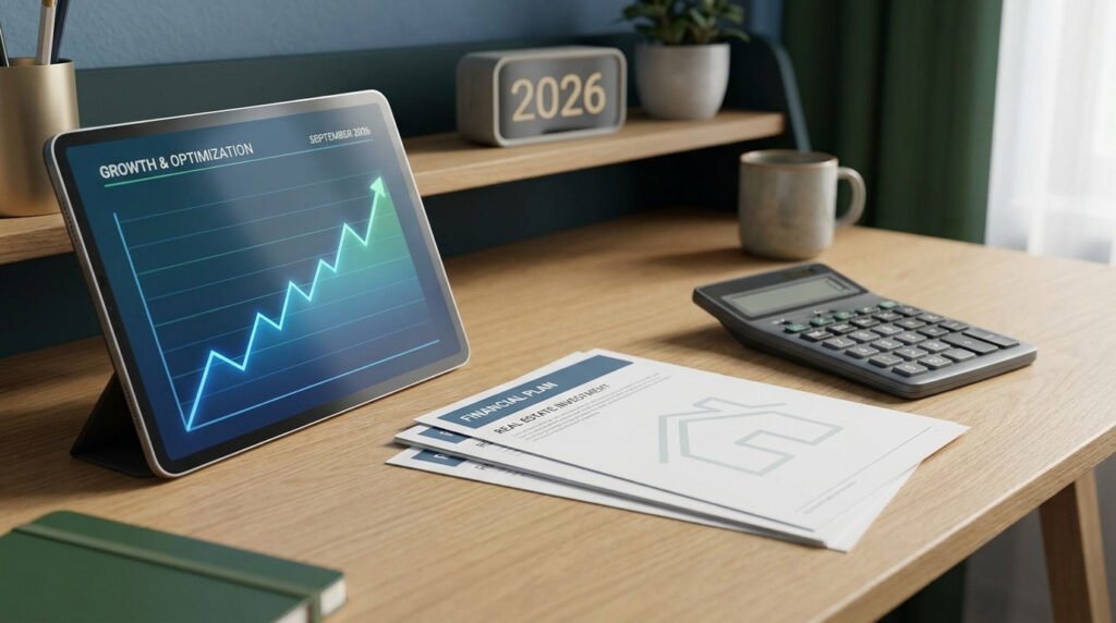 Tablette affichant un graphique de croissance, documents d'investissement immobilier et calculatrice sur un bureau.