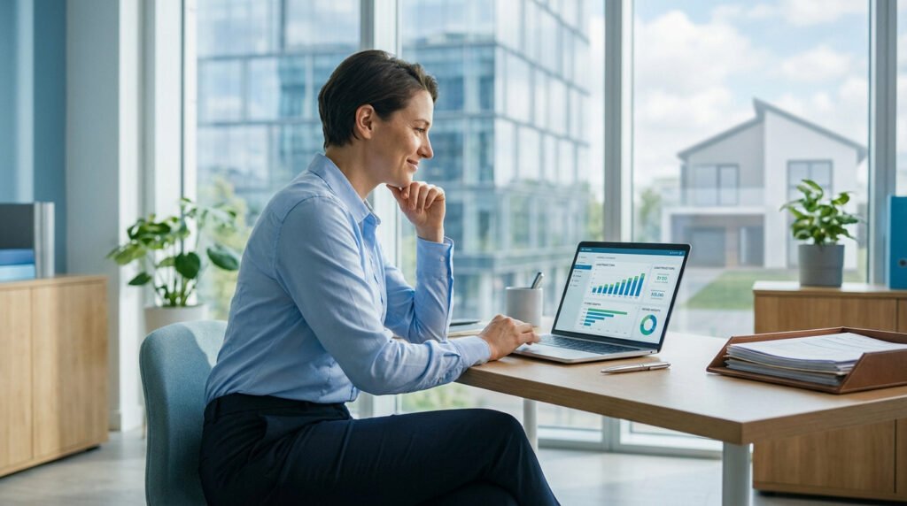 Professionnelle de santé consultant ses données financières sur ordinateur dans un bureau moderne avec vue sur une maison.