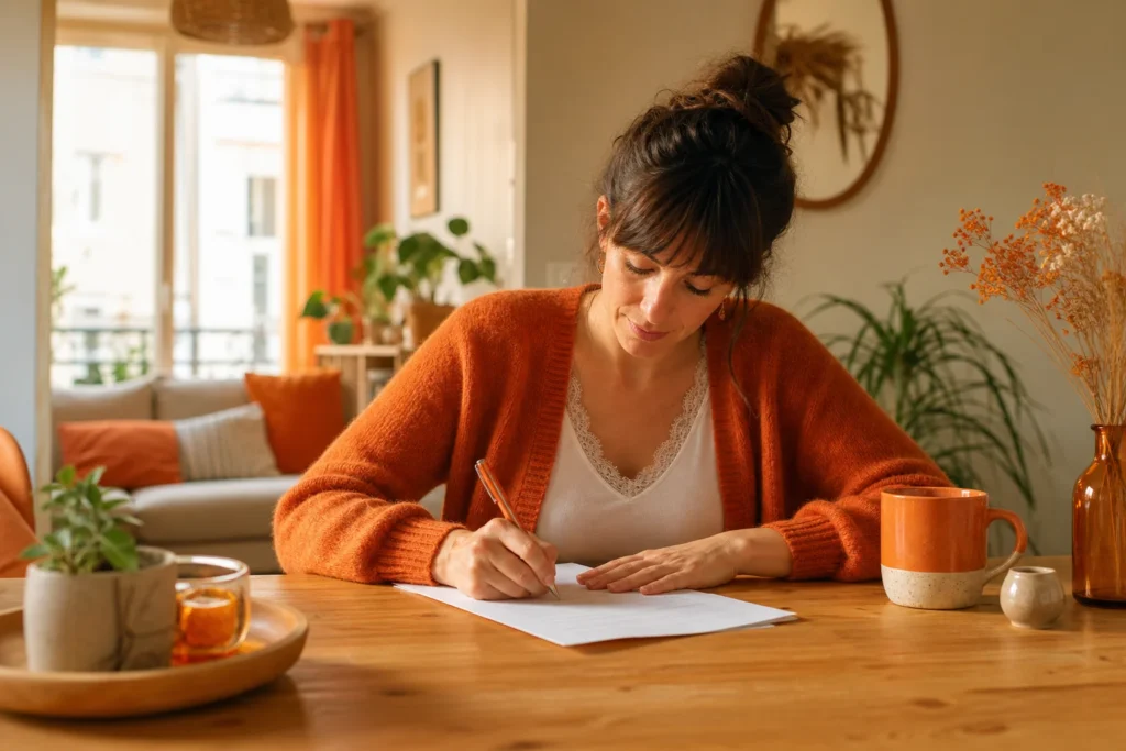 femme rédigeant une attestation d'hébergement à son domicile