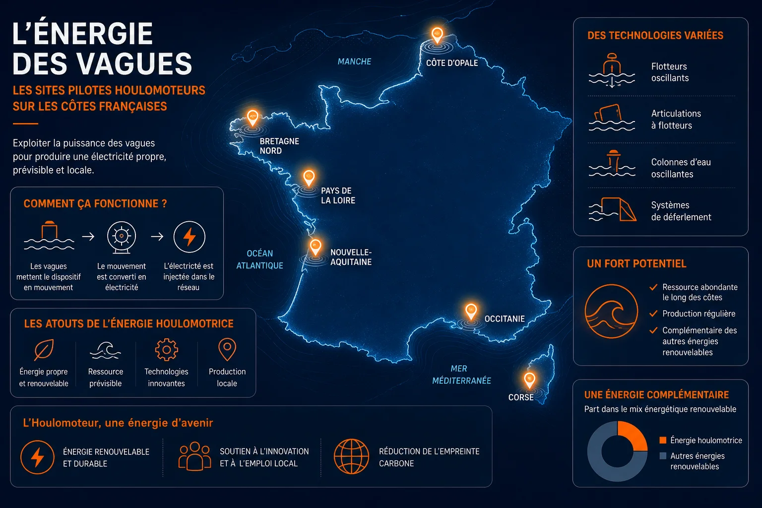 Carte des projets d'énergie houlomotrice en France et perspectives 2030