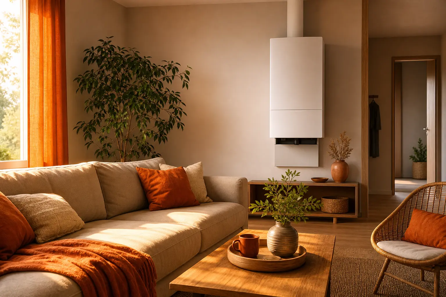 Le chauffage au gaz vert dans un logement familial Salon équipé d'un chauffage au gaz vert alimenté en biogaz