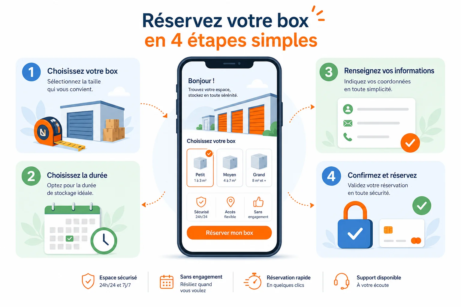 Les 4 étapes pour réserver votre co-stockage Étapes pour réserver un espace de co-stockage sur une plateforme