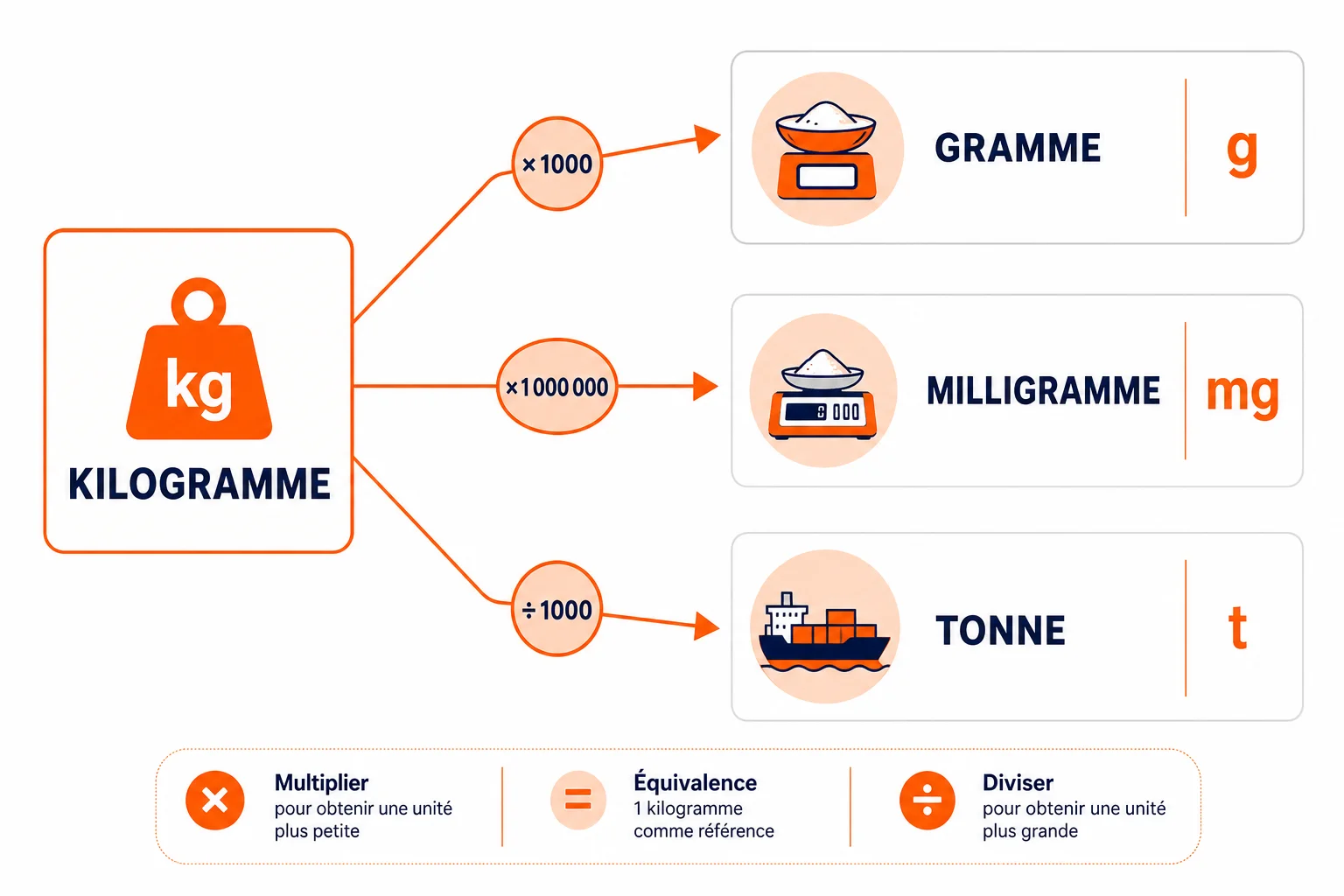 Tableau de conversion kg : gramme, milligramme et tonne infographie du tableau de conversion kg vers gramme tonne et milligramme