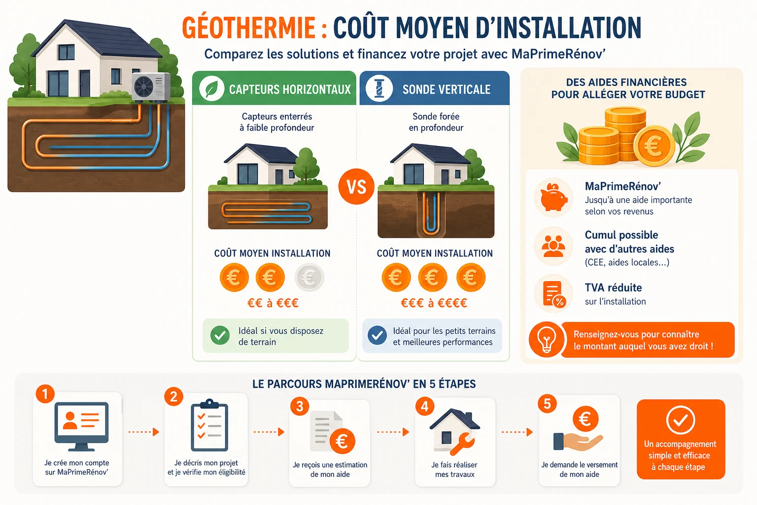 Coût installation géothermie et aides financières chauffage