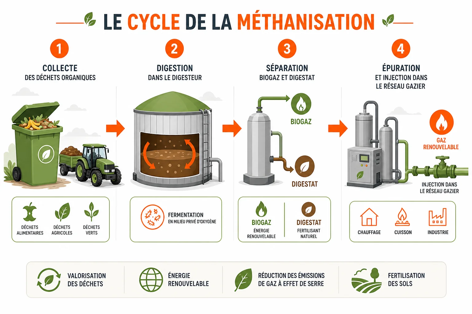 Les étapes de la méthanisation expliquées Infographie des 4 étapes de production du biogaz par méthanisation
