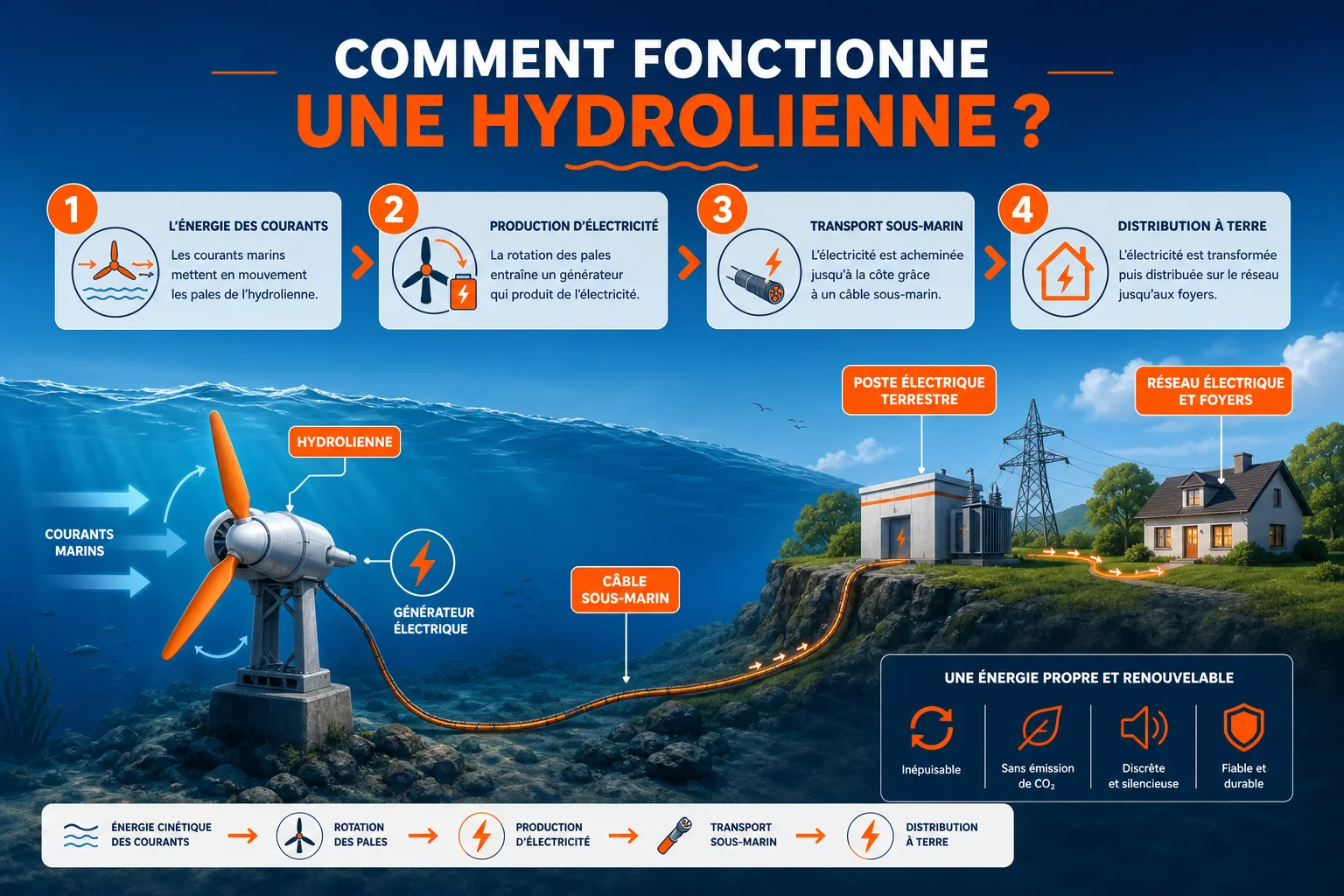 Étapes de fonctionnement d'une hydrolienne pour produire de l'électricité