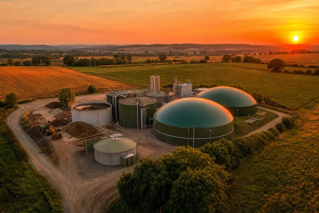Méthanisation agricole vue depuis un champ en zone rurale française