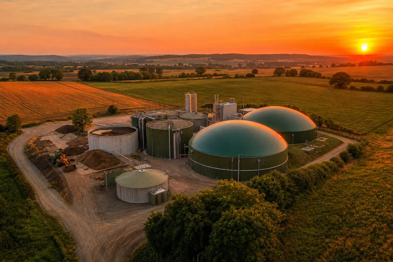 Méthanisation agricole vue depuis un champ en zone rurale française